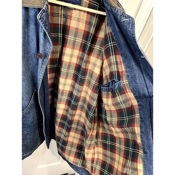 Vintage Land's End Denim Chore Jacket Plaid Lined with Leather Collar Size Large - Picture 5 of 9